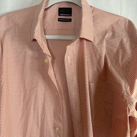 Men’s Greg Norman Orange Checked Performance Stretch Shirt Size XL Preowned - Picture 8 of 16